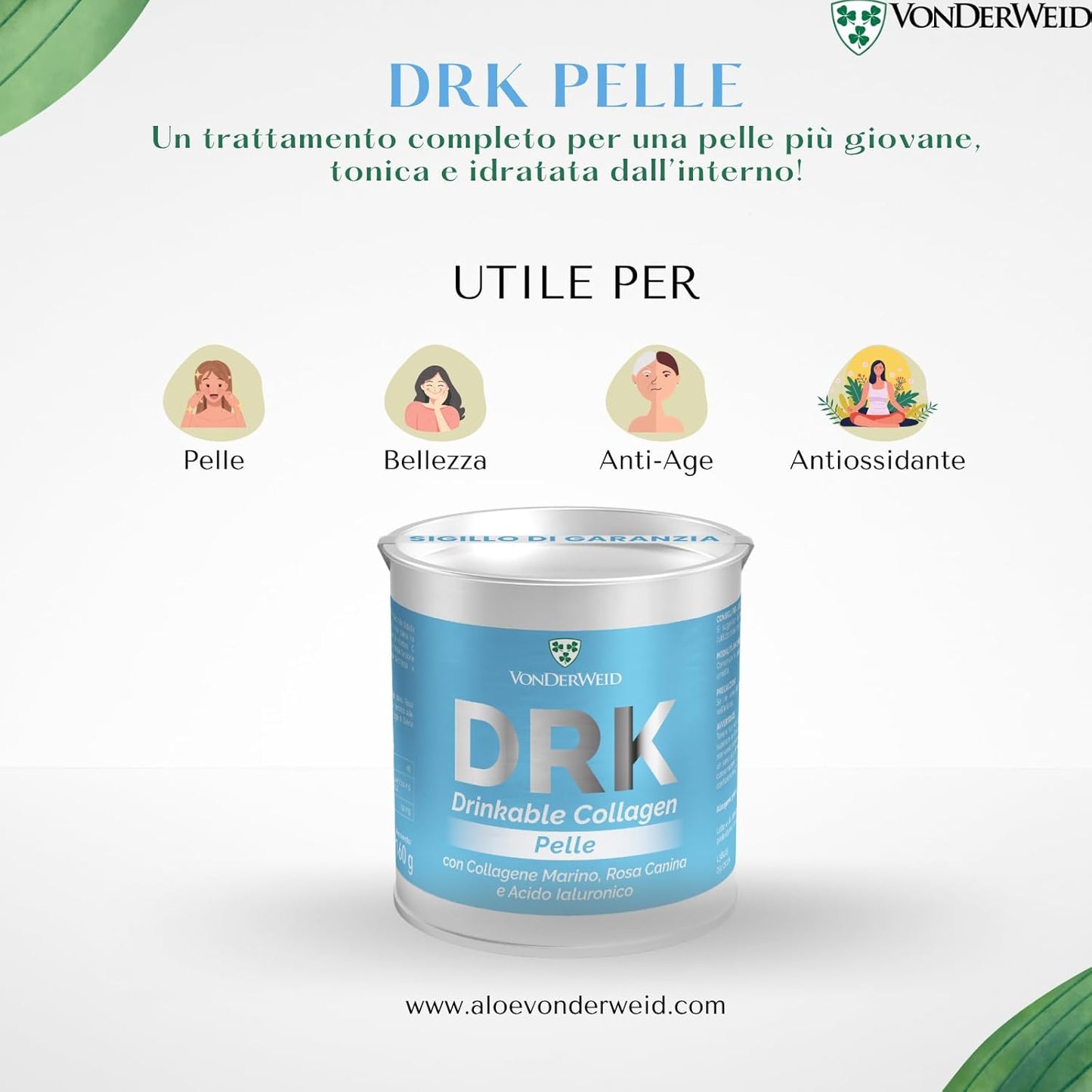 DRK Pelle | Collagene Marino Idrolizzato con Acido Ialuronico + Rosa Canina + Stevia | Collagene da Bere Integratore in Polvere | Collagene Marino Alto Dosaggio | Made in Italy | 160g