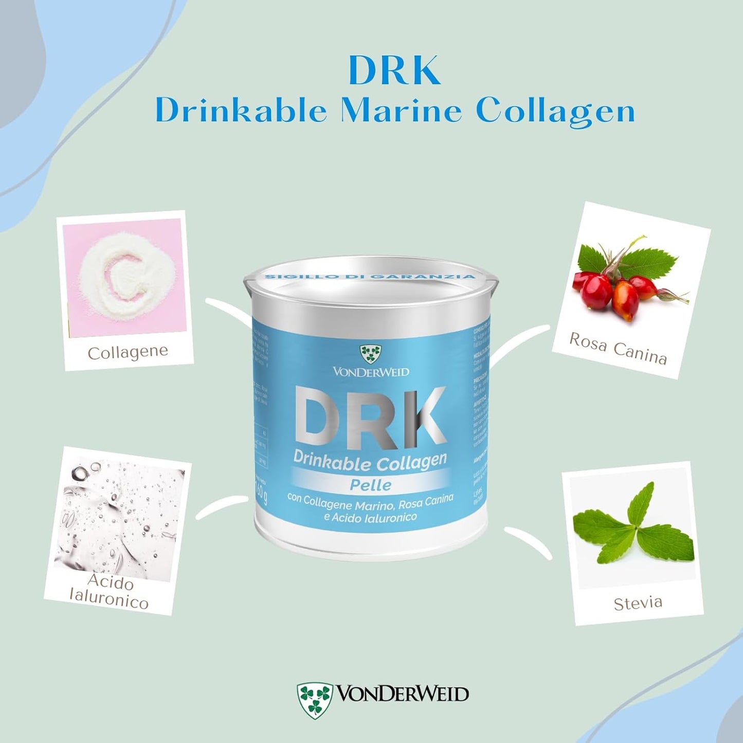 DRK Pelle | Collagene Marino Idrolizzato con Acido Ialuronico + Rosa Canina + Stevia | Collagene da Bere Integratore in Polvere | Collagene Marino Alto Dosaggio | Made in Italy | 160g