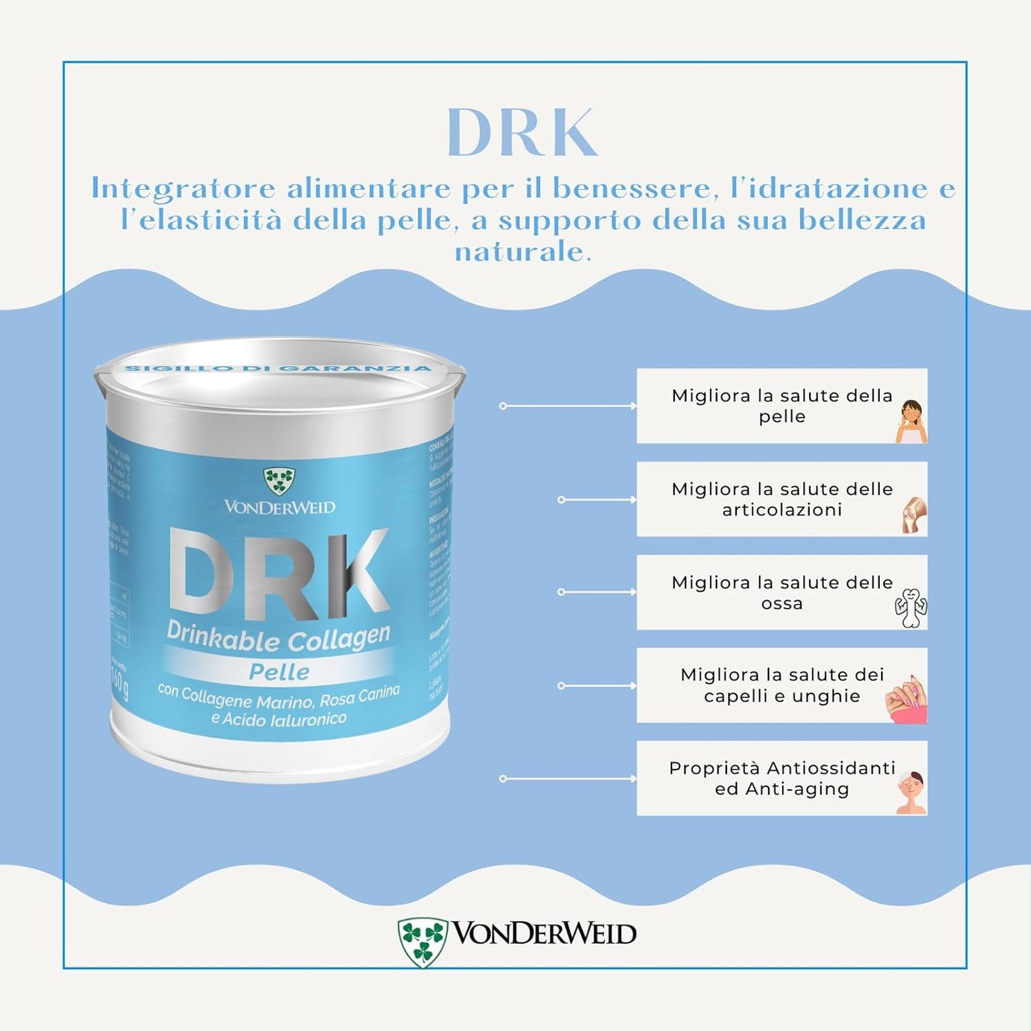 DRK Pelle | Collagene Marino Idrolizzato con Acido Ialuronico + Rosa Canina + Stevia | Collagene da Bere Integratore in Polvere | Collagene Marino Alto Dosaggio | Made in Italy | 160g