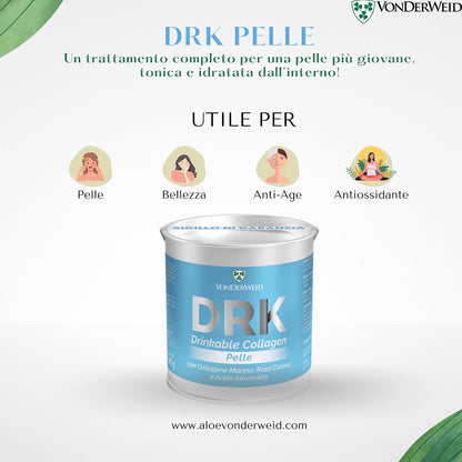 DRK Pelle | Collagene Marino Idrolizzato con Acido Ialuronico + Rosa Canina + Stevia | Collagene da Bere Integratore in Polvere | Collagene Marino Alto Dosaggio | Made in Italy | 160g